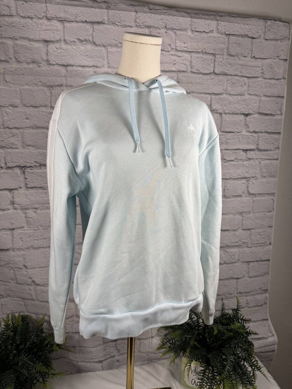 Adidas Essentials Light Blue 3-Stripe Hoodie Womens S Pink Stripes Pullover
